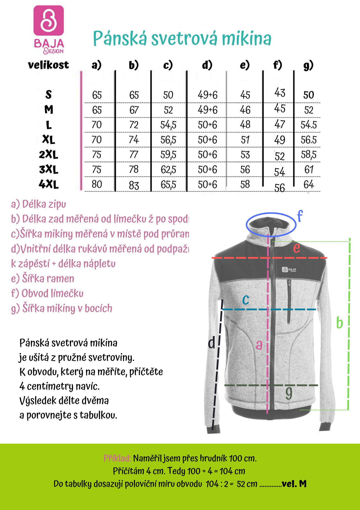 pánská svetrová mikina - tabulka